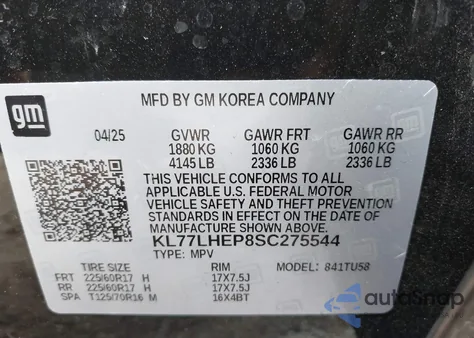 2025 Chevrolet Trax Fwd Lt from USA, damaged, VIN KL77LHEP8SC275544